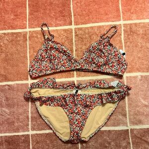 J. Crew Red Floral Ruffle Bikini Bottoms